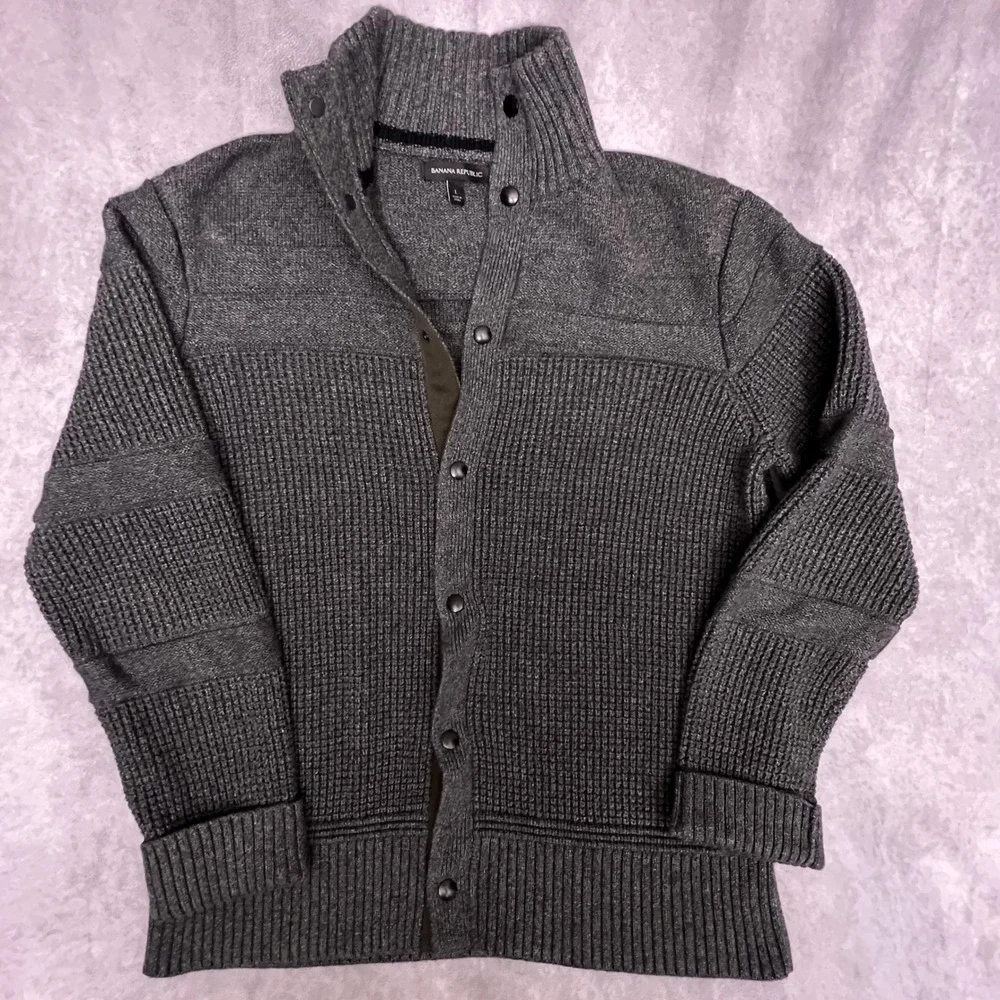 Banana Republic Cardigan Mens L Gray Excellent Snap Front Waffle Knit 969887